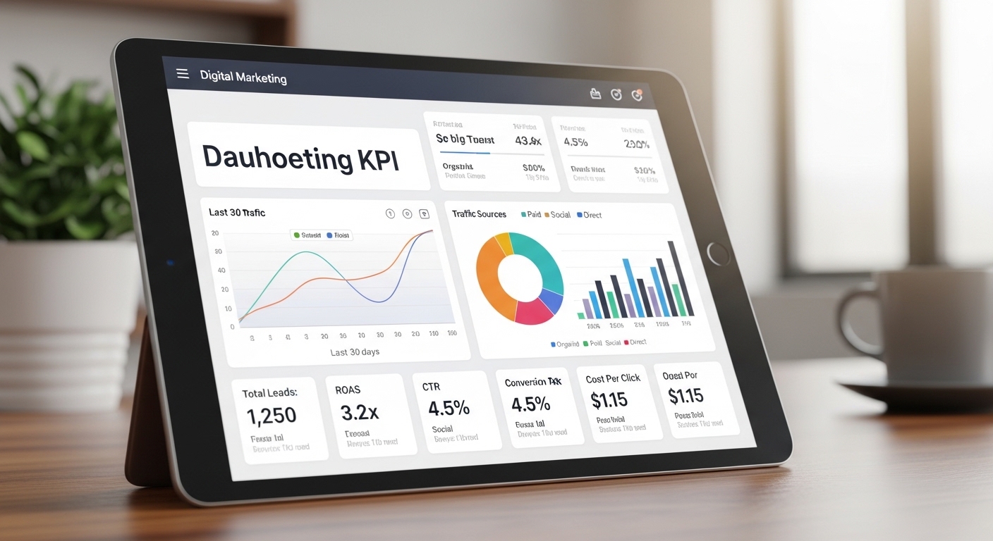 Bảng điều khiển KPI digital marketing hiển thị biểu đồ và chỉ số hiệu quả công việc