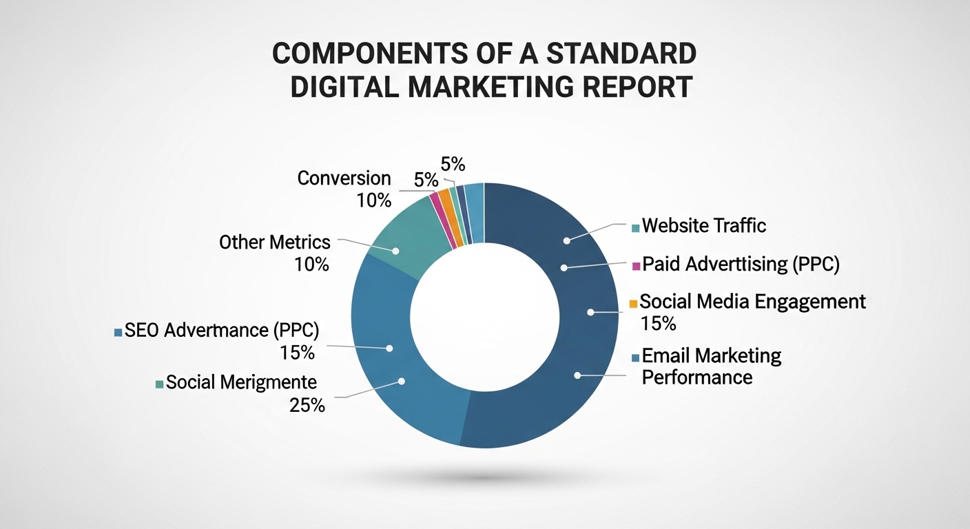 Biểu đồ tròn hiển thị các thành phần của một báo cáo digital marketing chuẩn