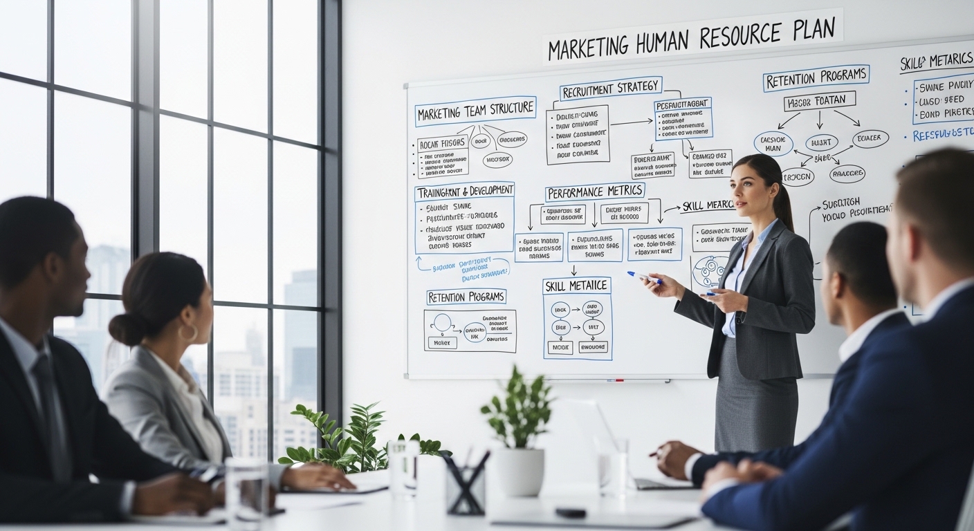 Chuyên gia trình bày nội dung cốt lõi bản kế hoạch nhân sự marketing Digital trên bảng trắng