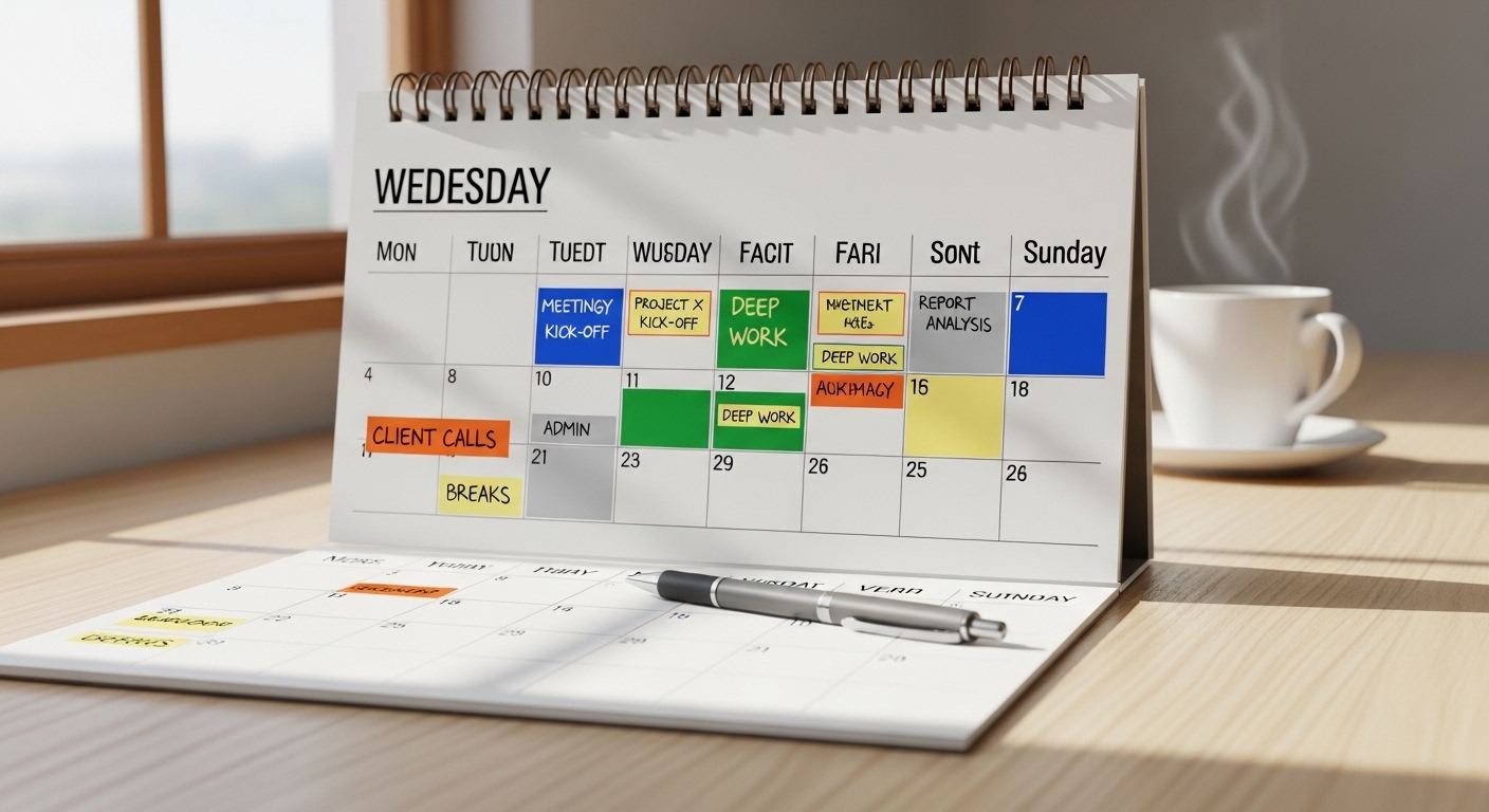 Lịch làm việc với các khối thời gian được phân bổ rõ ràng cho từng nhiệm vụ digital marketing theo phương pháp Time Blocking