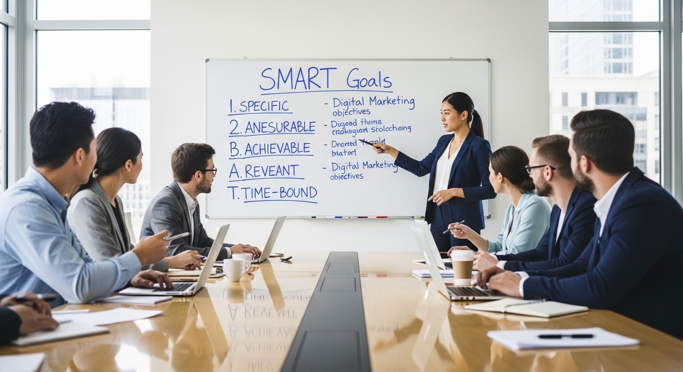 Đội ngũ digital marketing thảo luận trên bảng trắng với các mục tiêu SMART trong buổi lập kế hoạch nâng cao hiệu suất làm việc