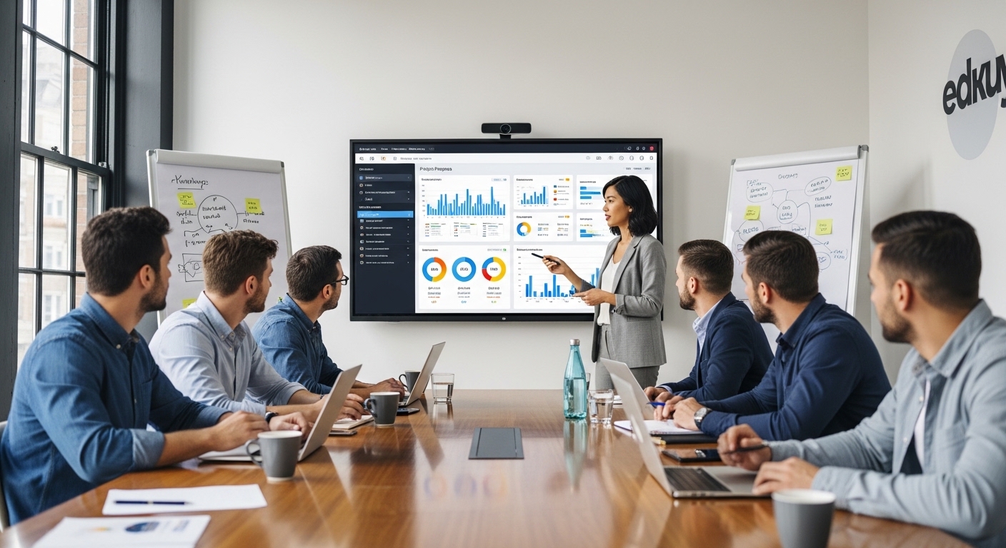 Đội ngũ digital marketing đang họp và xem tiến độ dự án trên màn hình lớn qua hệ thống phiếu giao việc