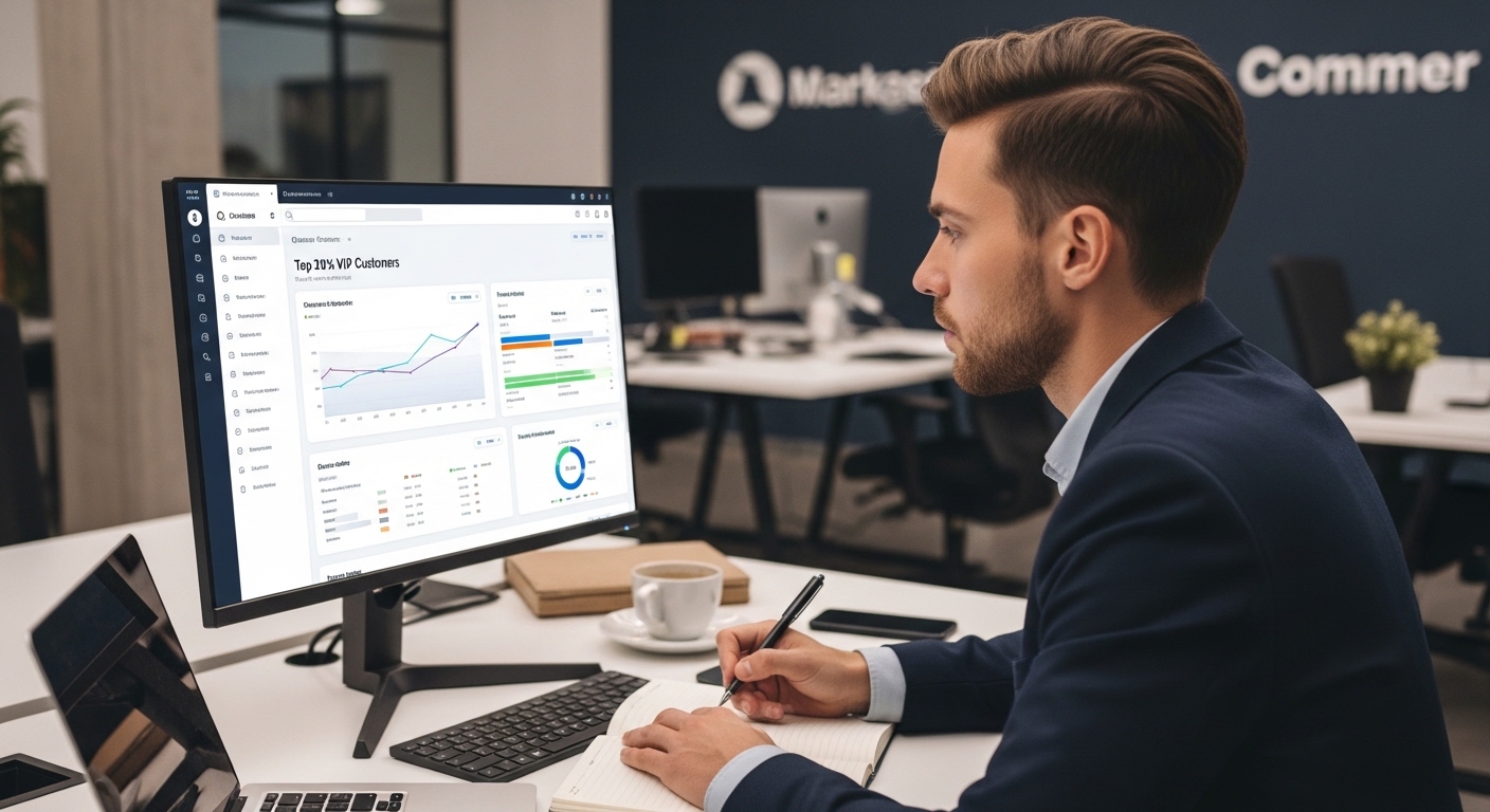 Một marketer đang phân tích dữ liệu khách hàng trên màn hình CRM để xác định nhóm 20% khách hàng VIP