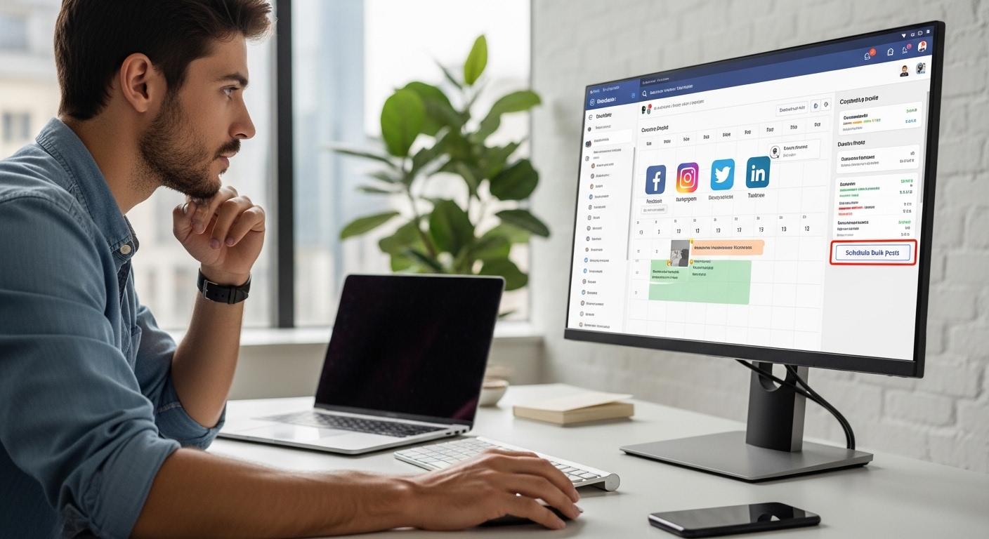 Marketer sử dụng phần mềm tự động hóa lên lịch đăng bài hàng loạt lên mạng xã hội — ứng dụng AI tăng năng suất digital marketing