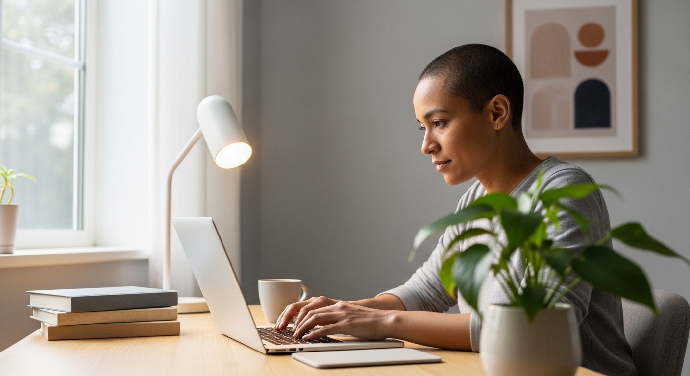 Người làm việc tập trung tại góc làm việc được bố trí gọn gàng tại nhà cho digital marketing