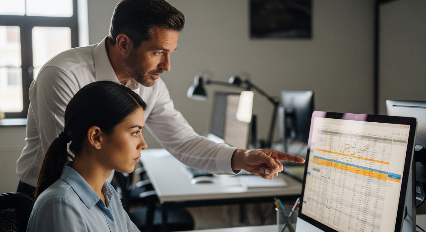 Sếp micromanagement chỉ tay vào màn hình nhân viên digital marketing