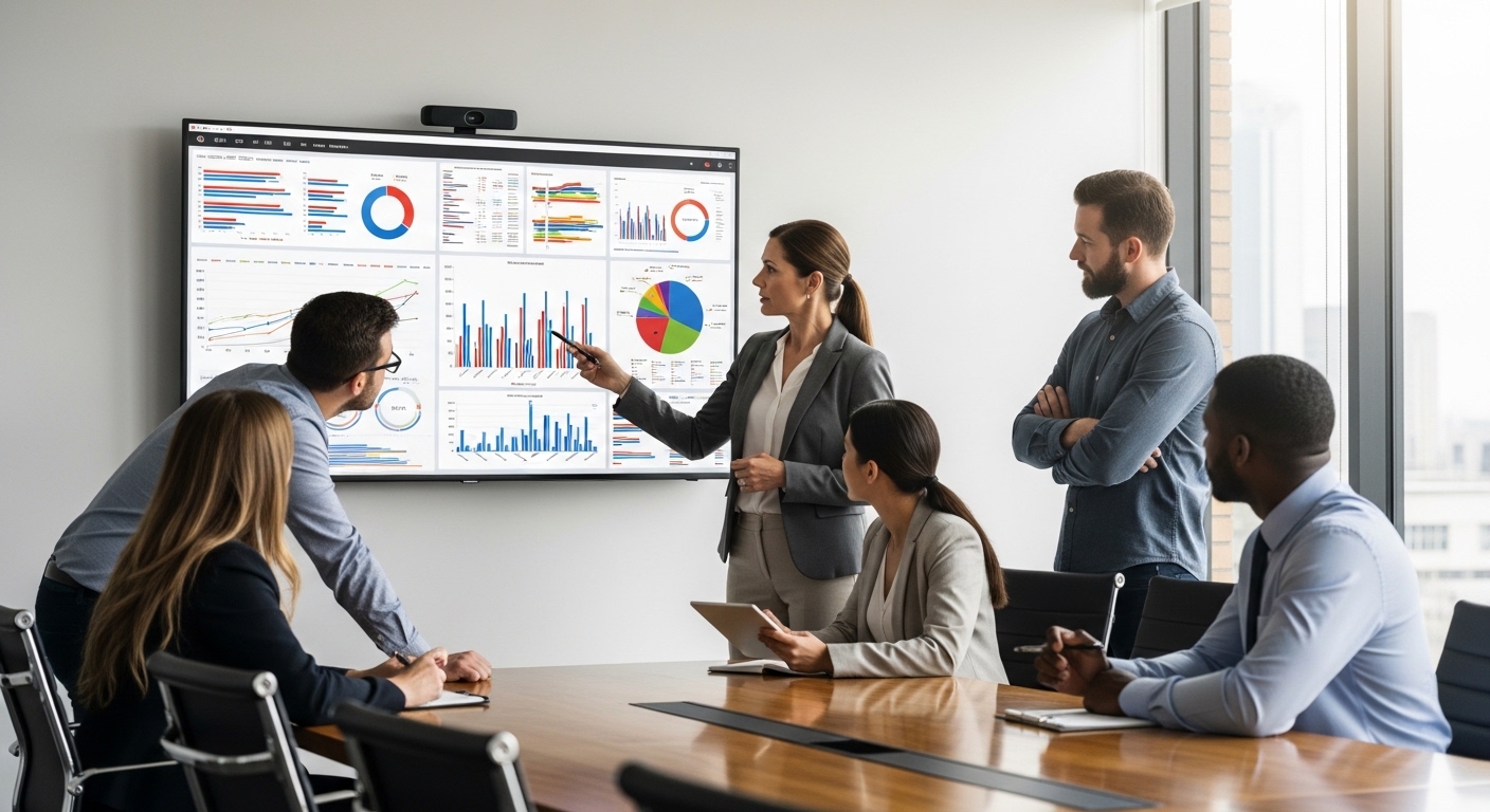 Nhà quản lý phân tích biểu đồ dữ liệu digital marketing cùng đội ngũ