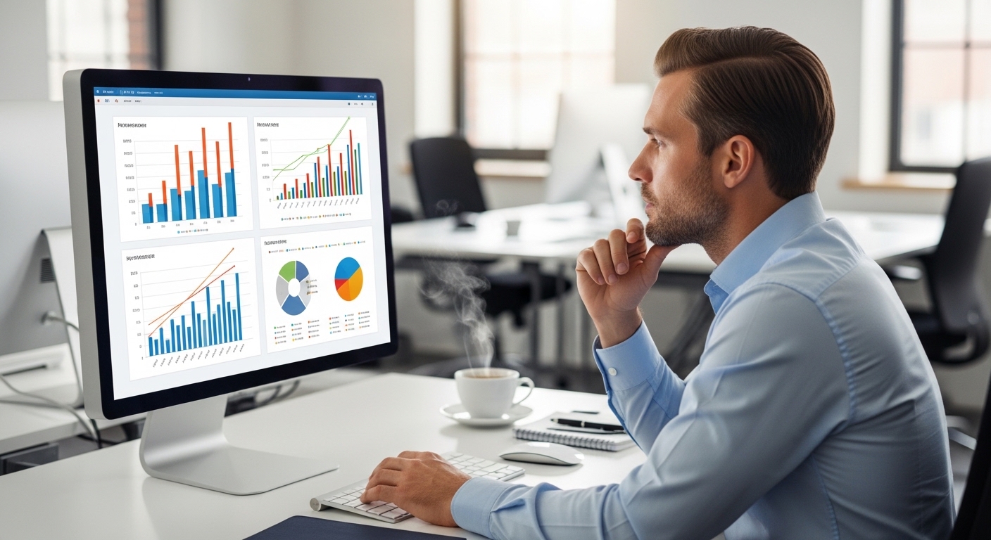 Nhà quản lý xem biểu đồ KPI nhân viên digital marketing trên màn hình máy tính để chuẩn bị đánh giá cuối năm