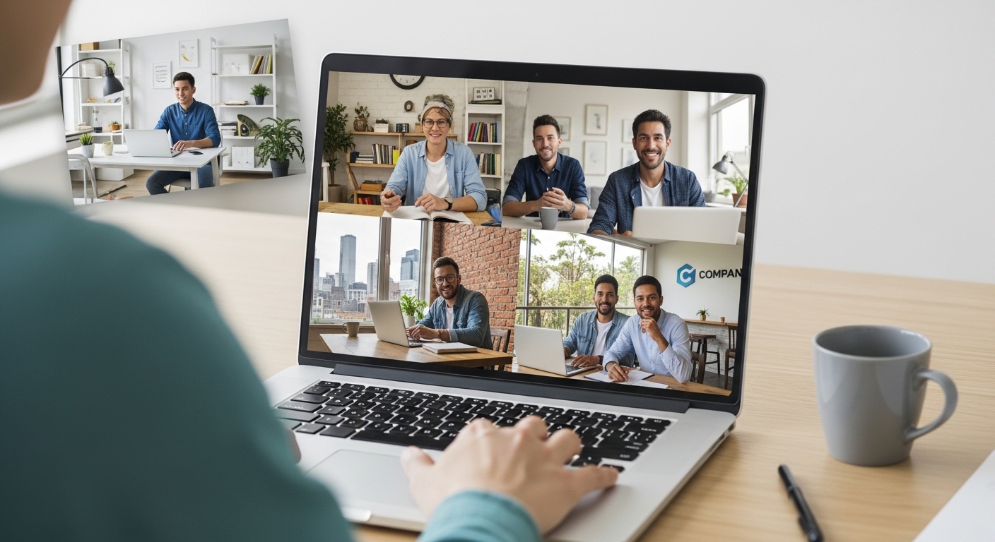 Nhóm làm việc từ xa họp trực tuyến qua video call trong môi trường digital marketing phân tán