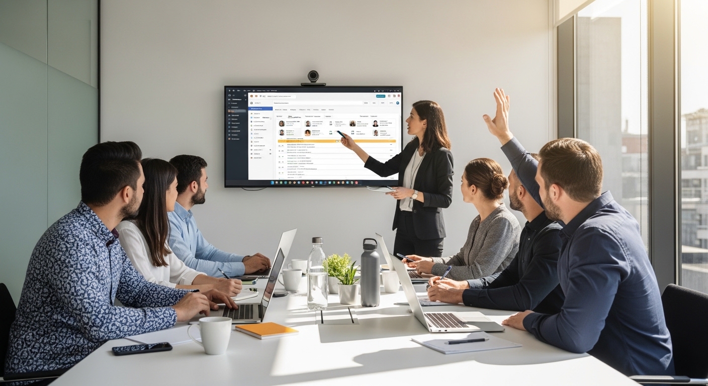 Nhóm marketing được đào tạo sử dụng phần mềm quản lý công việc mới trong quá trình triển khai TMS