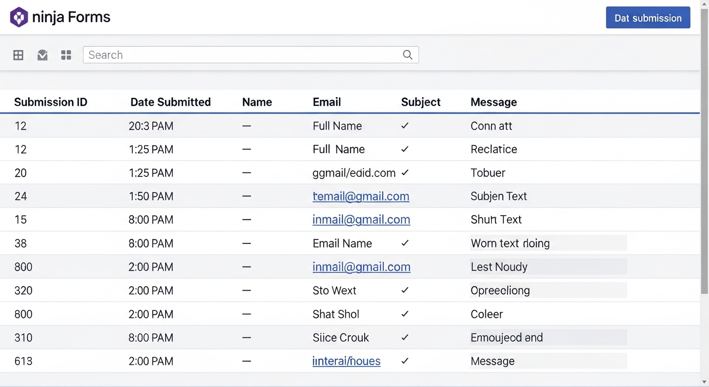 Bảng dữ liệu mục nhập form WordPress hiển thị trên trang web với Ninja Forms