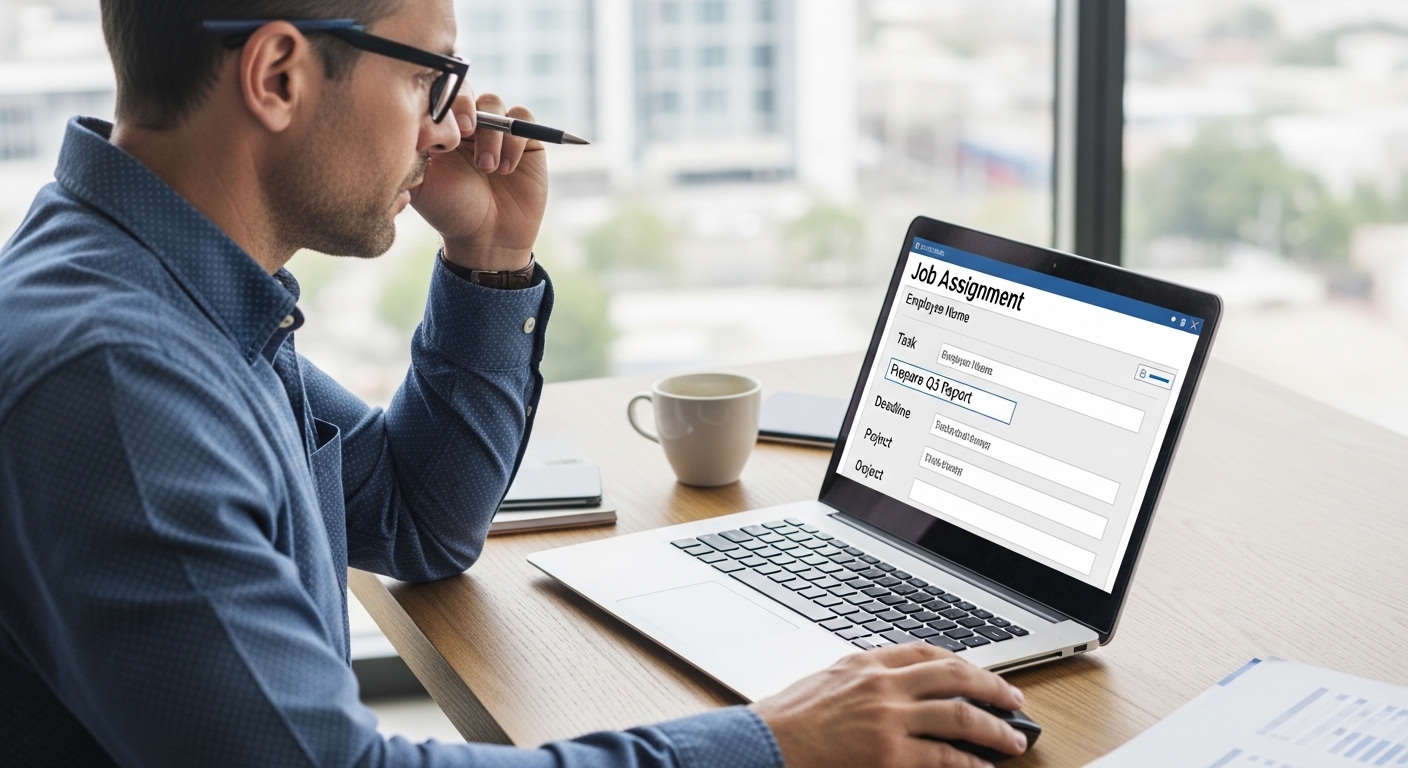 Người quản lý digital marketing đang điền thông tin vào mẫu phiếu giao việc trên máy tính