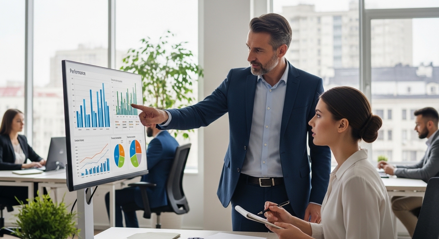 Người quản lý thảo luận biểu đồ hiệu suất với nhân viên digital marketing