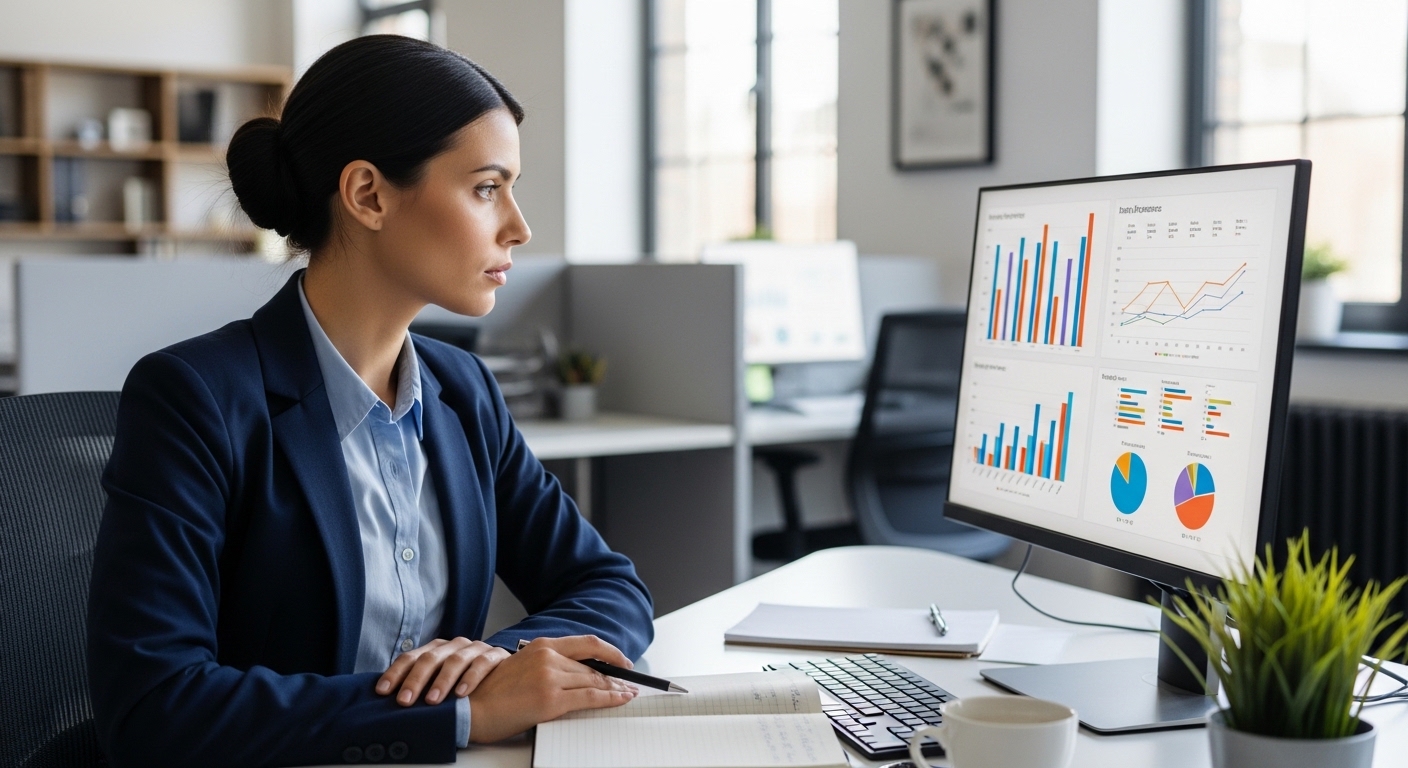 Nhà quản lý nhân sự phân tích biểu đồ hiệu suất nhân viên trên máy tính trong môi trường digital marketing