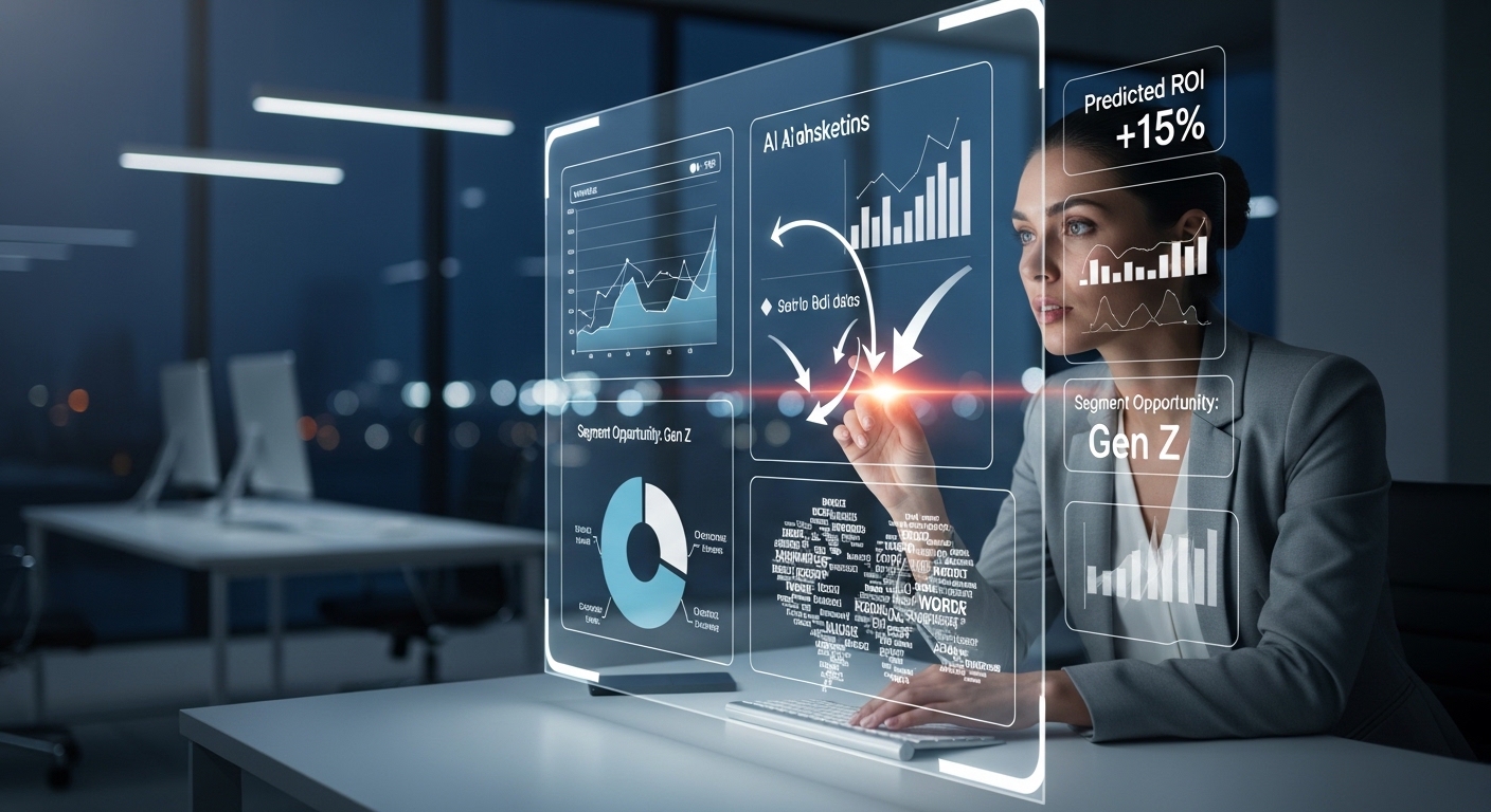Nhà quản trị sử dụng AI để phân tích dữ liệu digital marketing trên màn hình