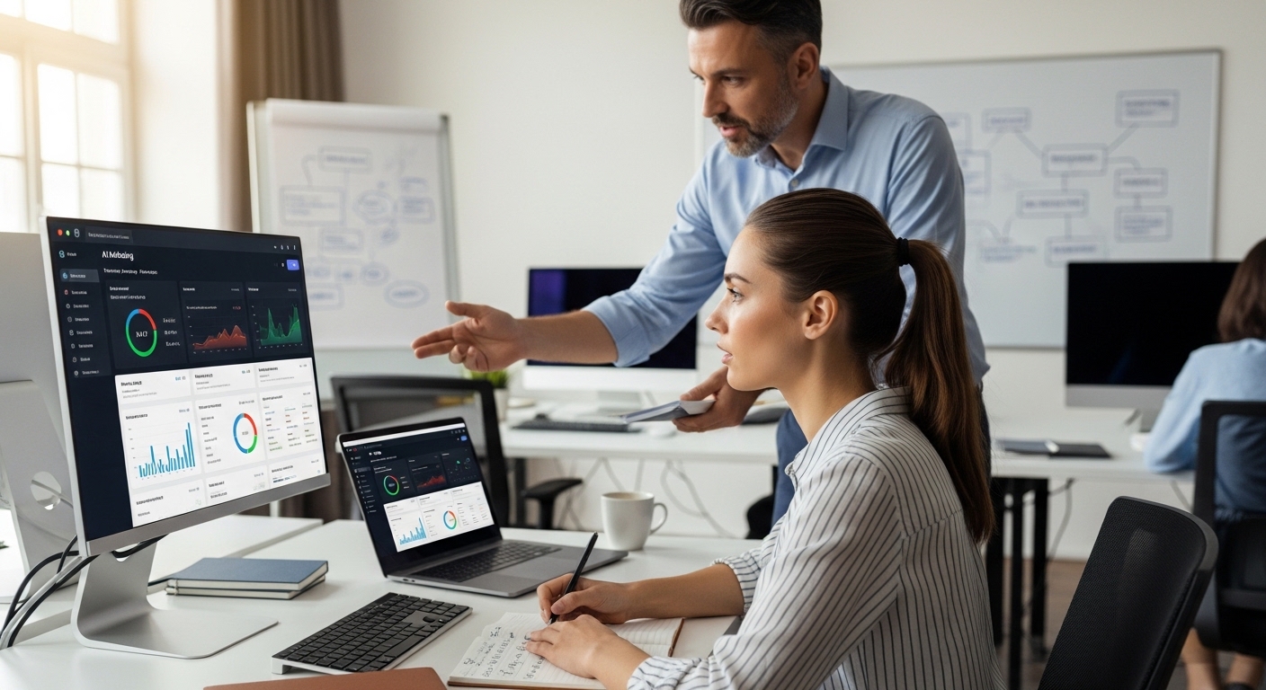 nhân viên digital marketing được đào tạo về công cụ AI và tự động hóa trong buổi workshop thực hành
