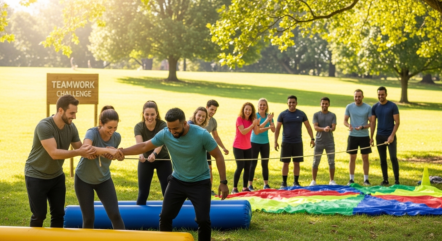 Nhóm nhân viên tham gia buổi team building ngoài trời vui vẻ, gắn kết — minh họa chiến lược xây dựng môi trường làm việc tích cực