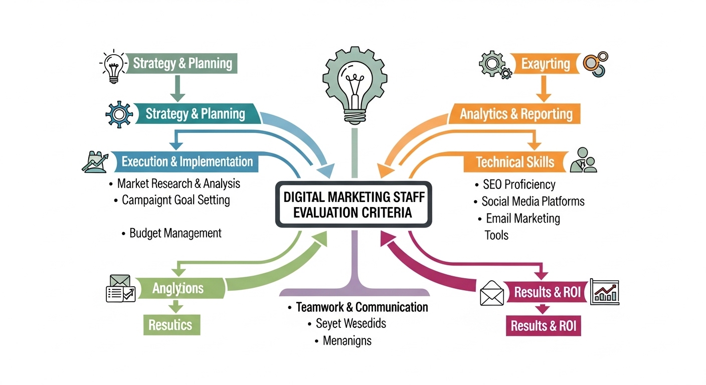 Sơ đồ các tiêu chí đánh giá nhân viên digital marketing theo nhóm thái độ và KPI