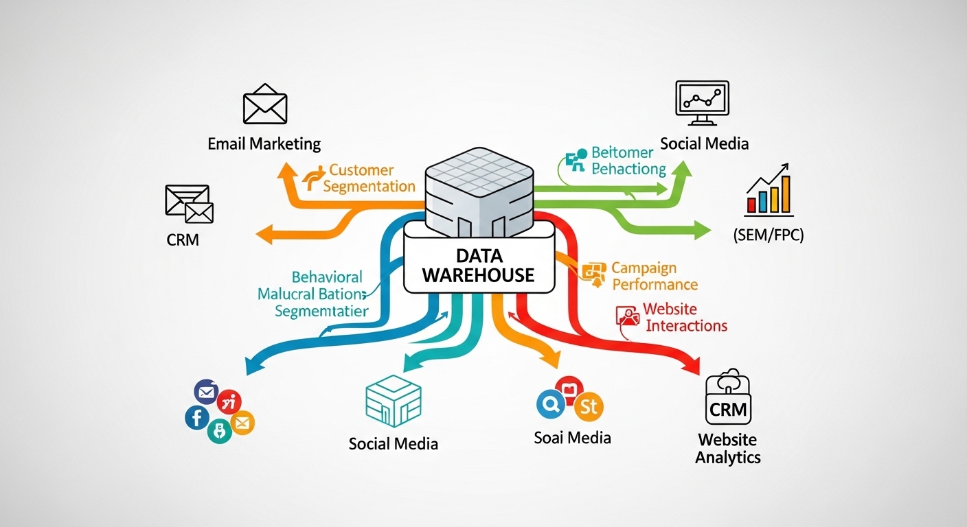 Sơ đồ luồng dữ liệu từ kho hàng đến các kênh digital marketing: quảng cáo, mạng xã hội, website và sàn thương mại điện tử