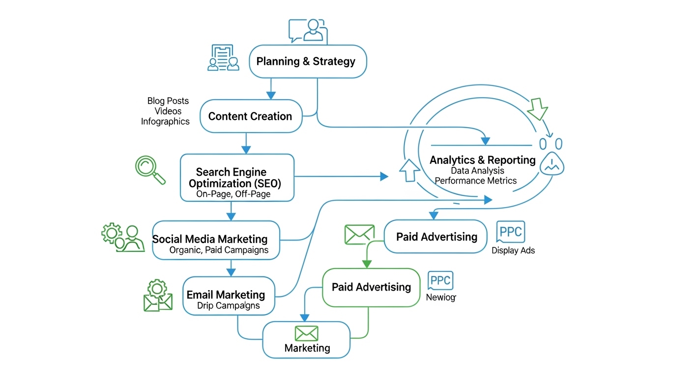 Sơ đồ minh họa các bước trong một quy trình digital marketing từ nghiên cứu từ khóa đến thu thập dữ liệu khách hàng