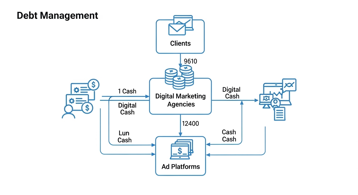 Sơ đồ quản lý công nợ trong digital marketing — luồng tiền giữa khách hàng, agency và nền tảng quảng cáo