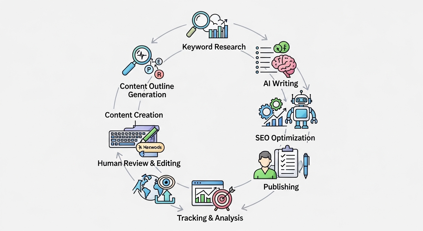 Sơ đồ quy trình sản xuất nội dung SEO trong hệ thống vận hành digital marketing từ nghiên cứu từ khóa đến xuất bản và theo dõi