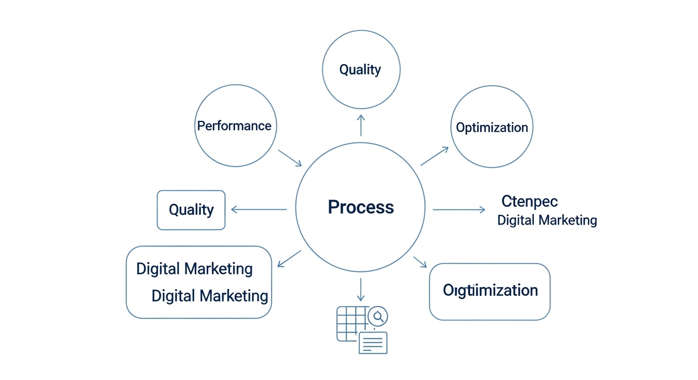 Sơ đồ thể hiện vai trò của quy trình trong digital marketing kết nối các yếu tố hiệu suất, chất lượng và tối ưu hóa