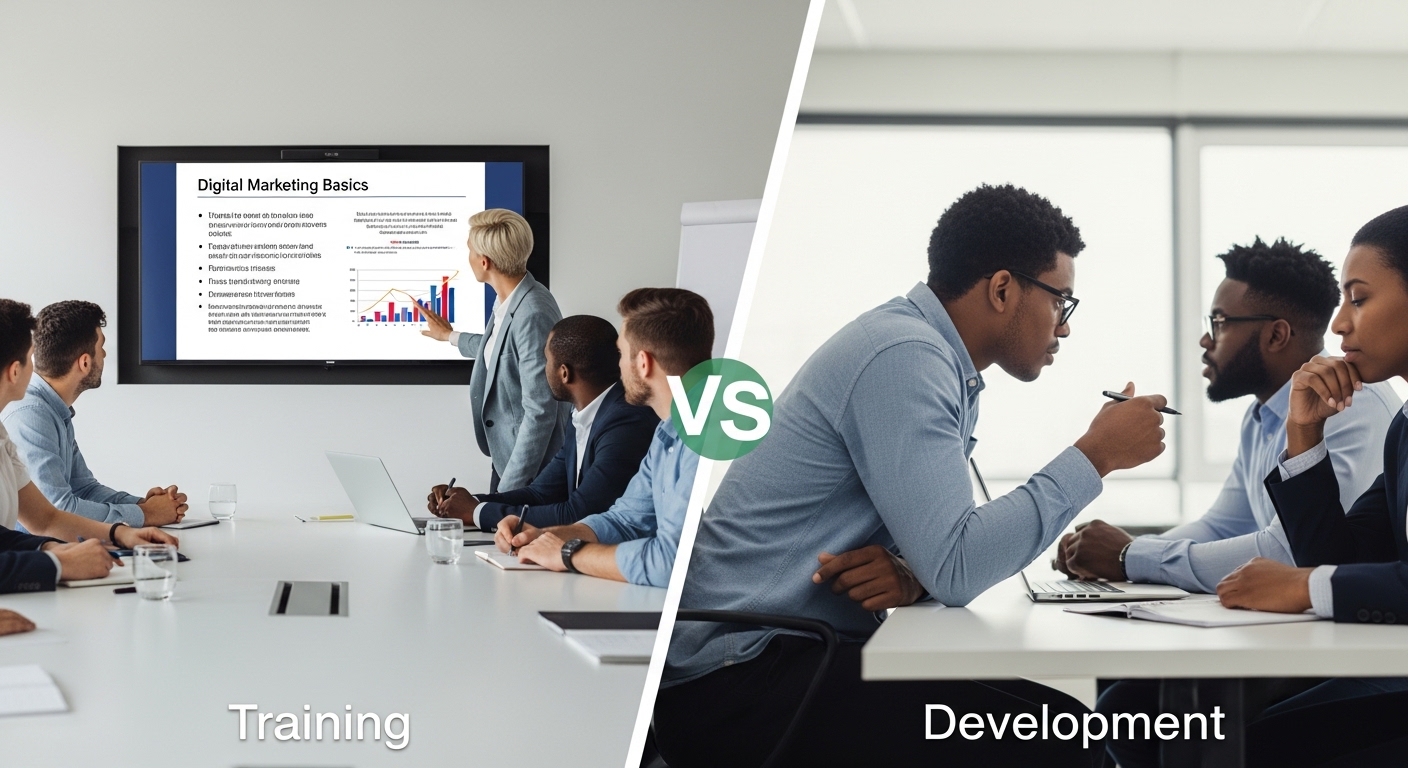 bảng so sánh đào tạo và phát triển nhân sự theo mục tiêu, phạm vi và thời gian trong digital marketing